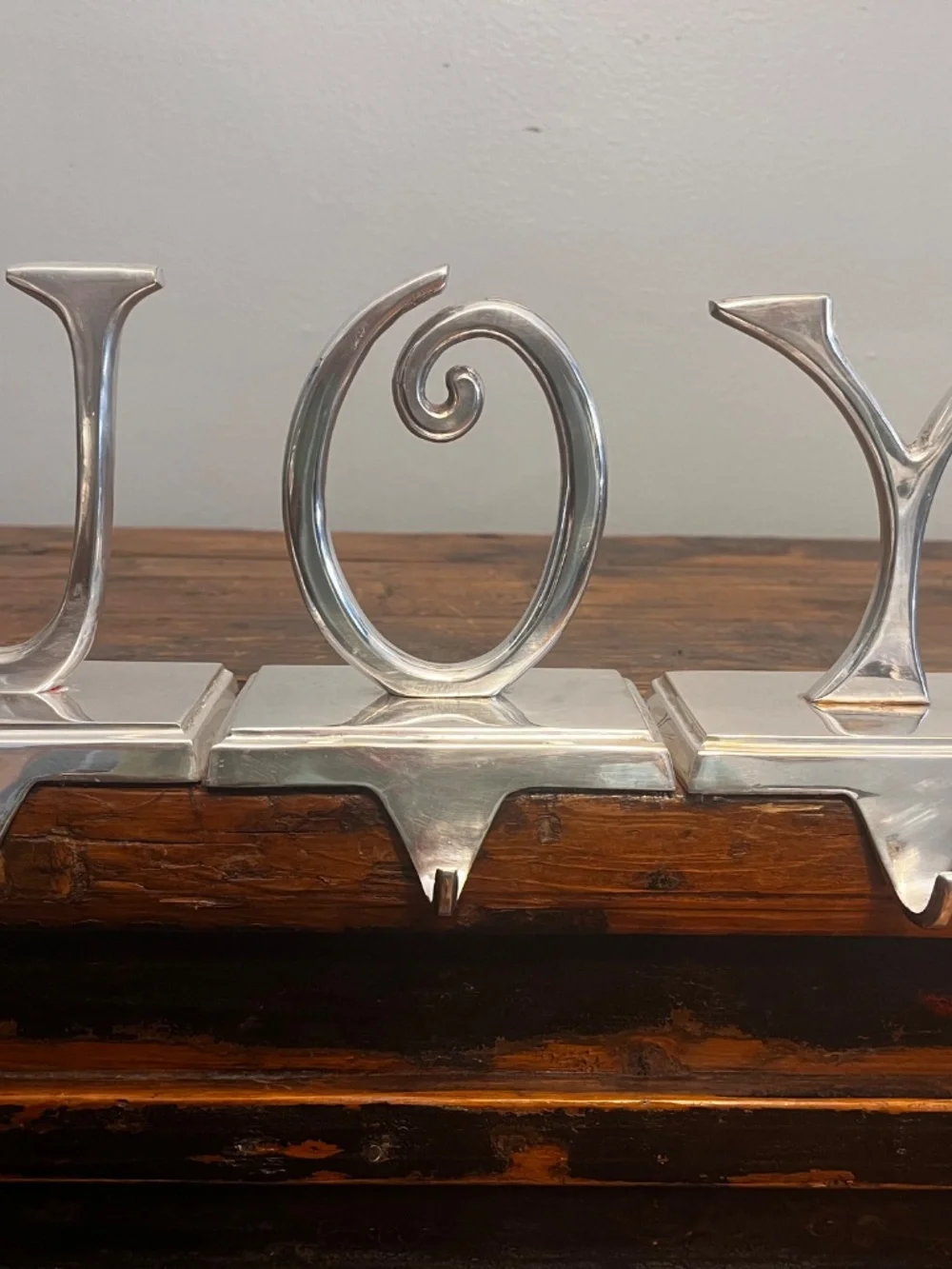 Vintage Pottery Barn JOY Stocking Holders Set of 3 | Heavy 2 lb Silverplate